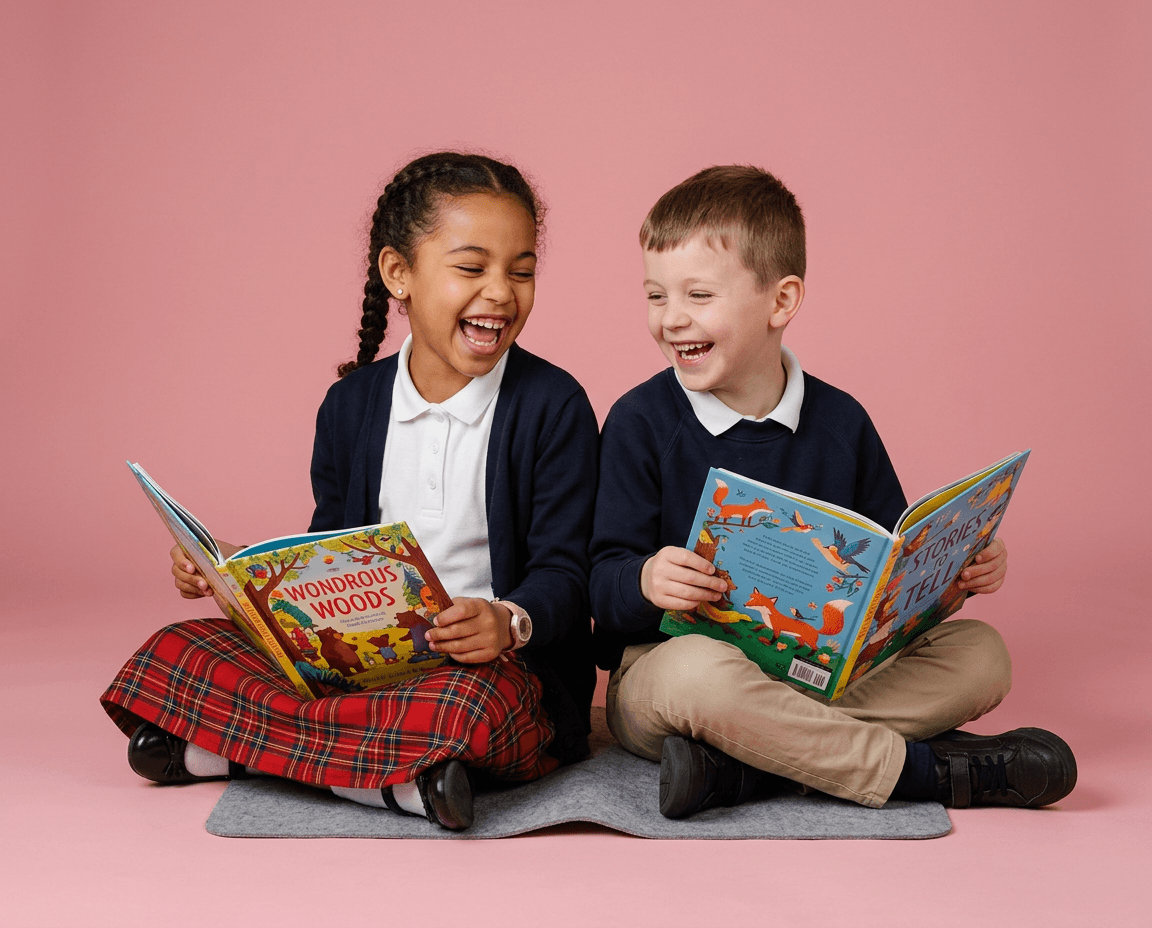 Two laughing primary-school children reading picture books together