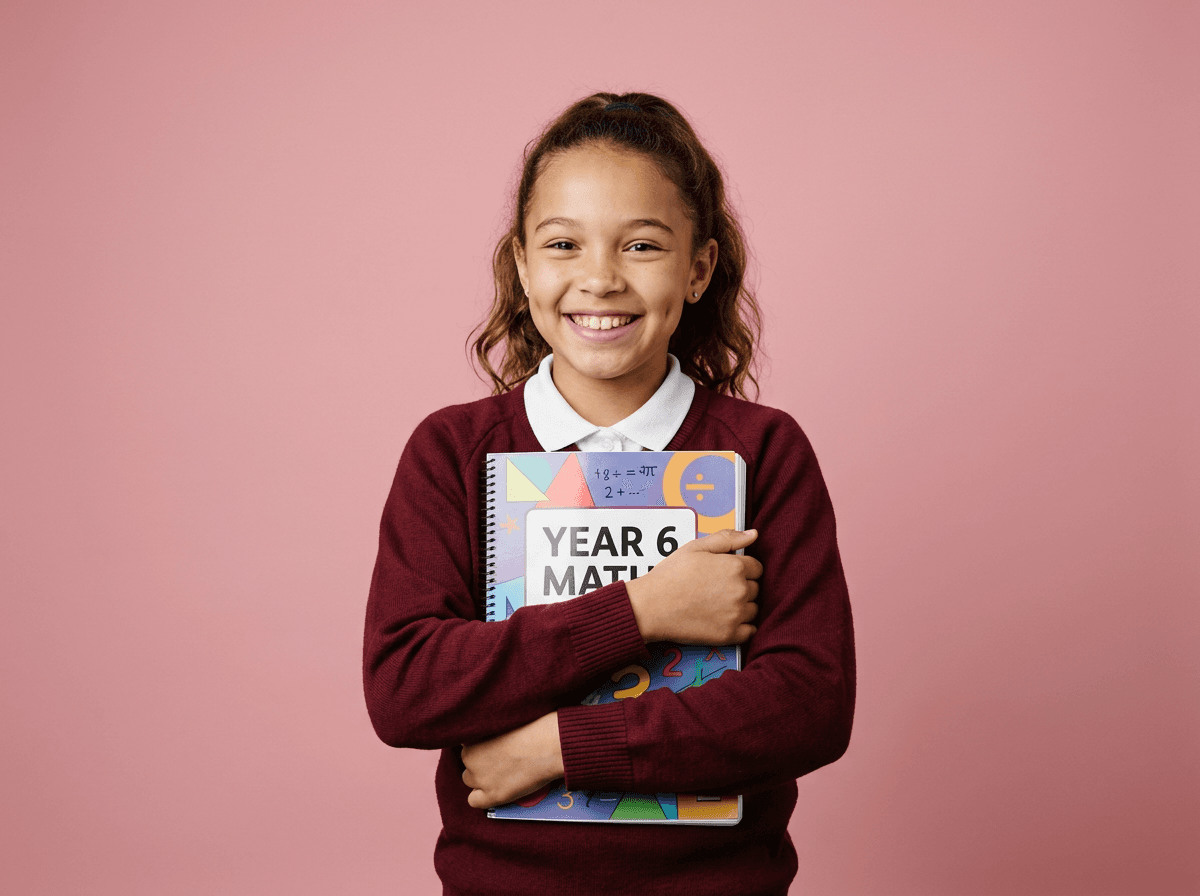 A proud Year 6 pupil holding a maths workbook and giving a thumbs up